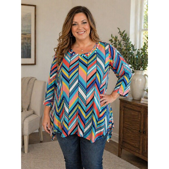 Ruby Rd. Tops - Ruby Rd Women’s 1X Tunic Blouse Colorful Chevron Print 3/4 Sleeve Asymmetrical